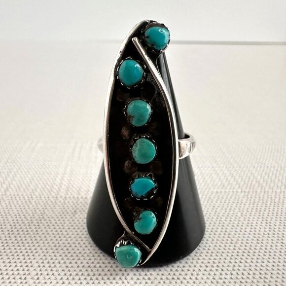 Native American Jewelry - 1930s Native American Zuni Sterling Silver and Petit Point Turquoise Ring Size 5